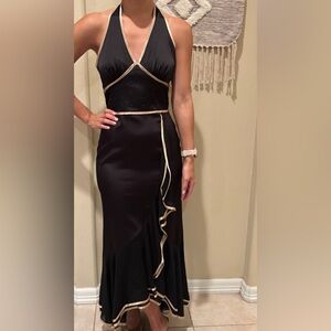 Whimsigoth Elegant Y2K Satin Halter Black and Cream Women's Dress with Ruffles